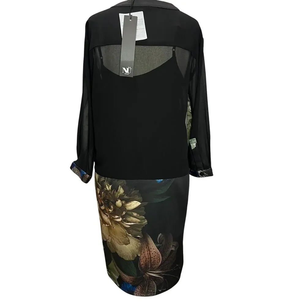 NU Denmark Dress Womens XS Black Blue Floral Sheer Button Romantic Goth Boho NEW